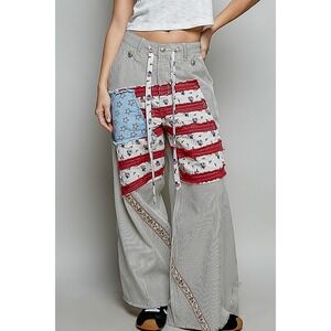POL American Flag Patchwork Wide Leg Hickory Stripe Pants Cotton Boho Patriotic